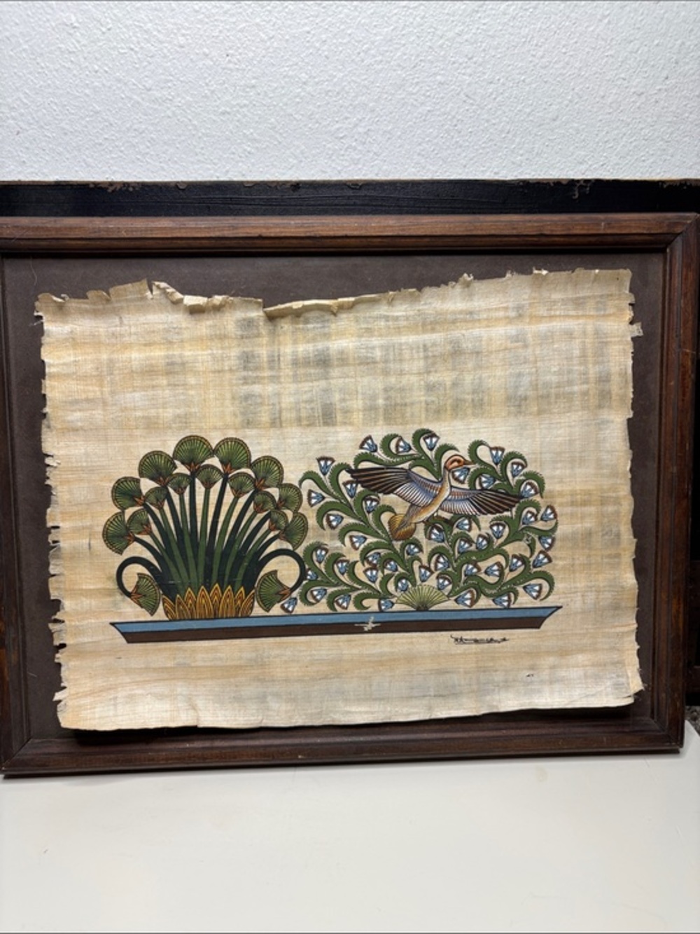 Egyptian art painted on papyrus duck lotus and papyrus plants with frame